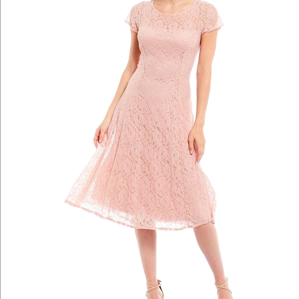 💖BLUSH💖 Round Neck Short Sleeve Sequin Lace Midi Dress